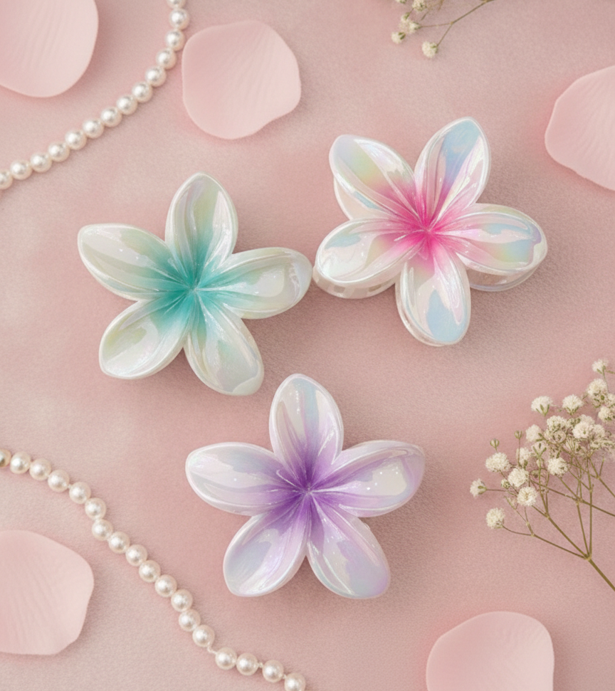 Three pastel-colored flower-shaped soaps on a pink background with pearls and flowers.