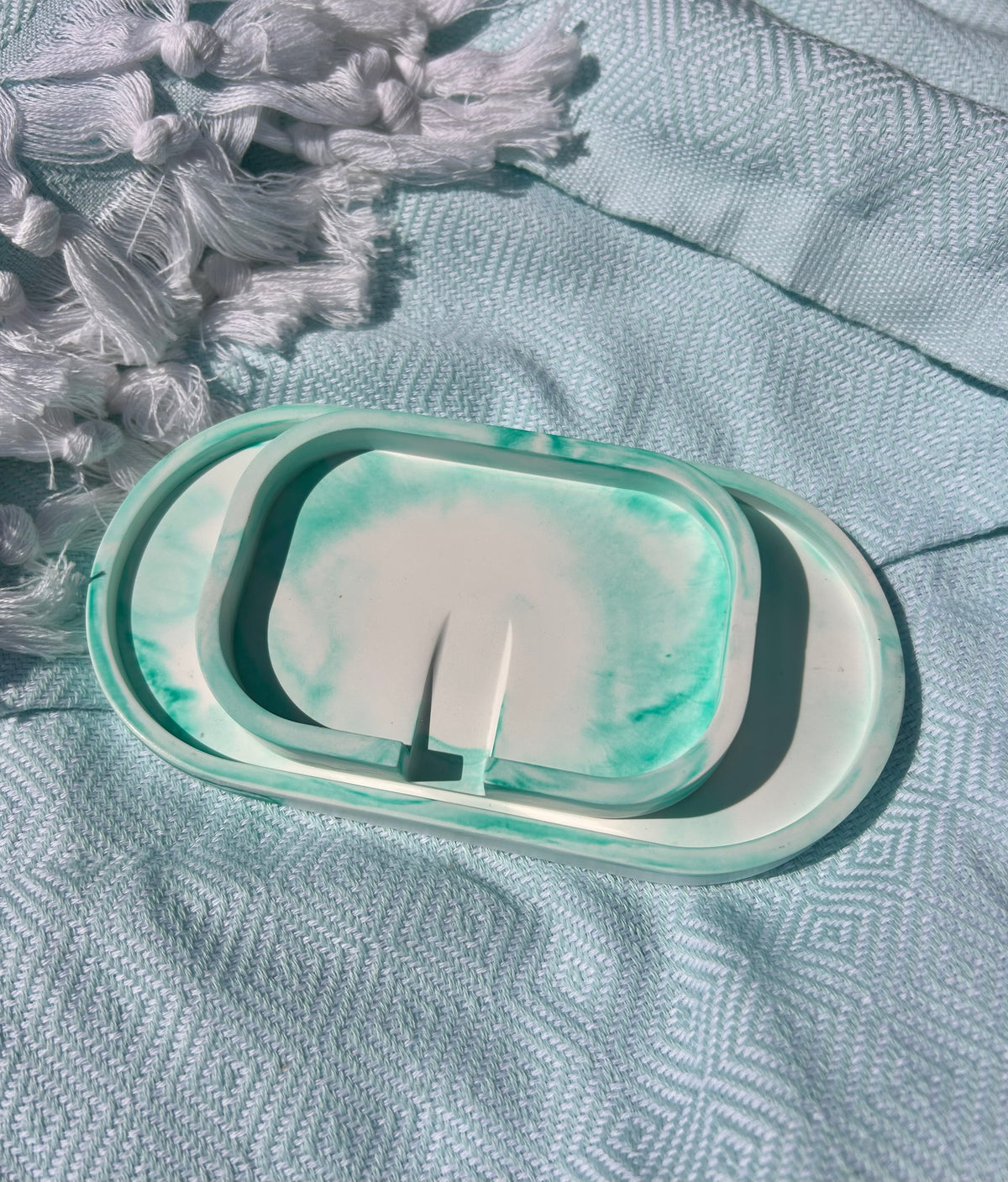 Handmade Eco Resin Trinket Dish & Soap Dish Set | Seafoam & White Marble